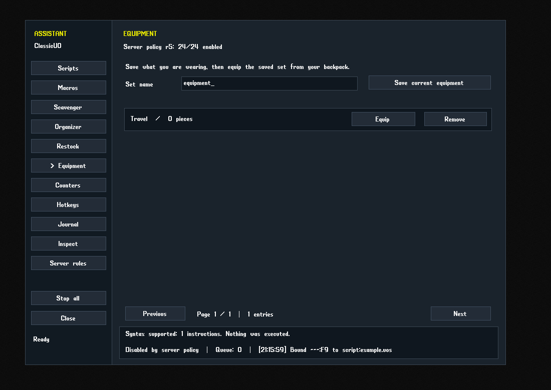 Equipment sets page with named sets and equip and undress controls