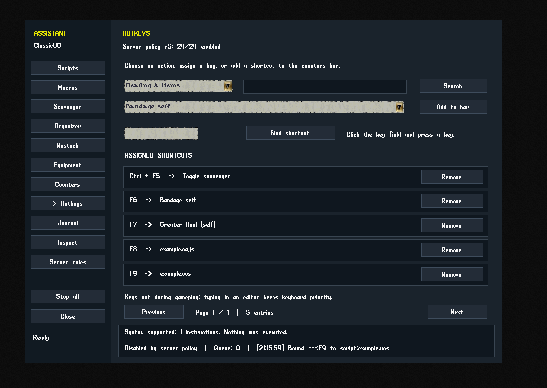 Standard ClassicUO assistant with Bandage Self, spell, script and agent hotkeys