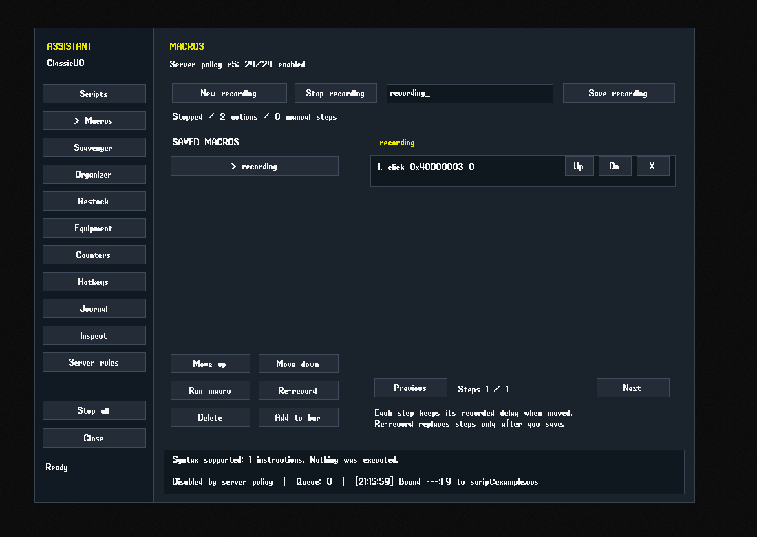 Recorded macros library with recording and step management controls