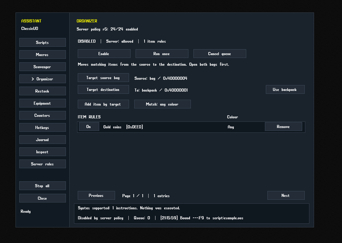 Organizer page with source bag, destination bag and item rules
