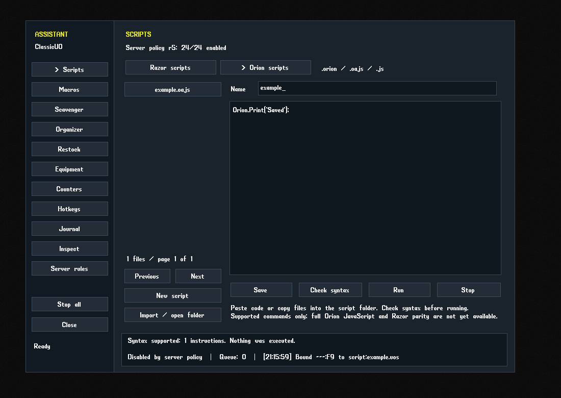 Orion script mode and its editor in the ClassicUO assistant