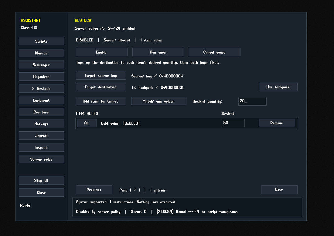 Restock page with supply and destination containers and quantity rules