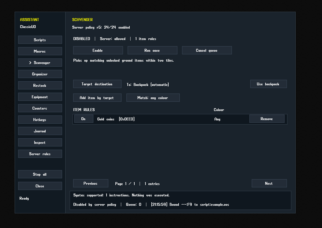 Scavenger rules page with targeted item and bag controls