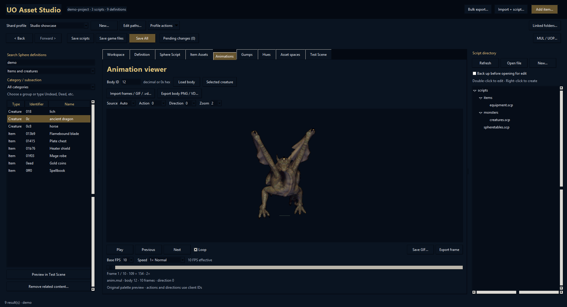 Dragon body and frame controls in the Animations viewer