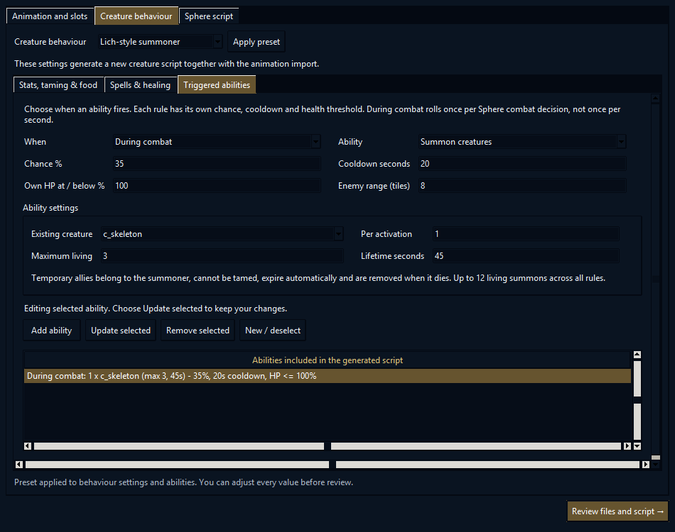 Lich-style summoner settings with spellcasting, taming and triggered abilities