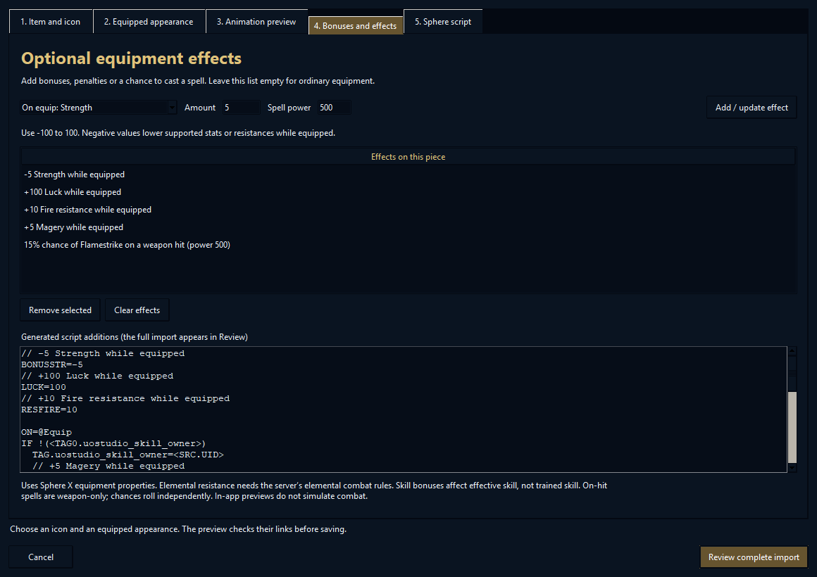 Optional equipment effects and generated Sphere script