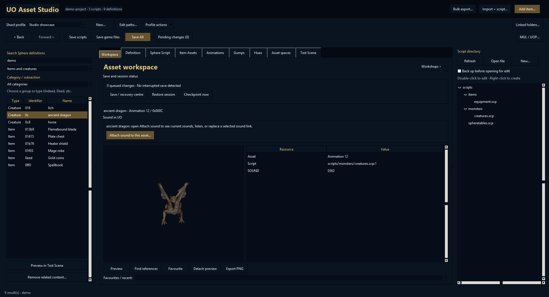 Connected workspace with selected dragon